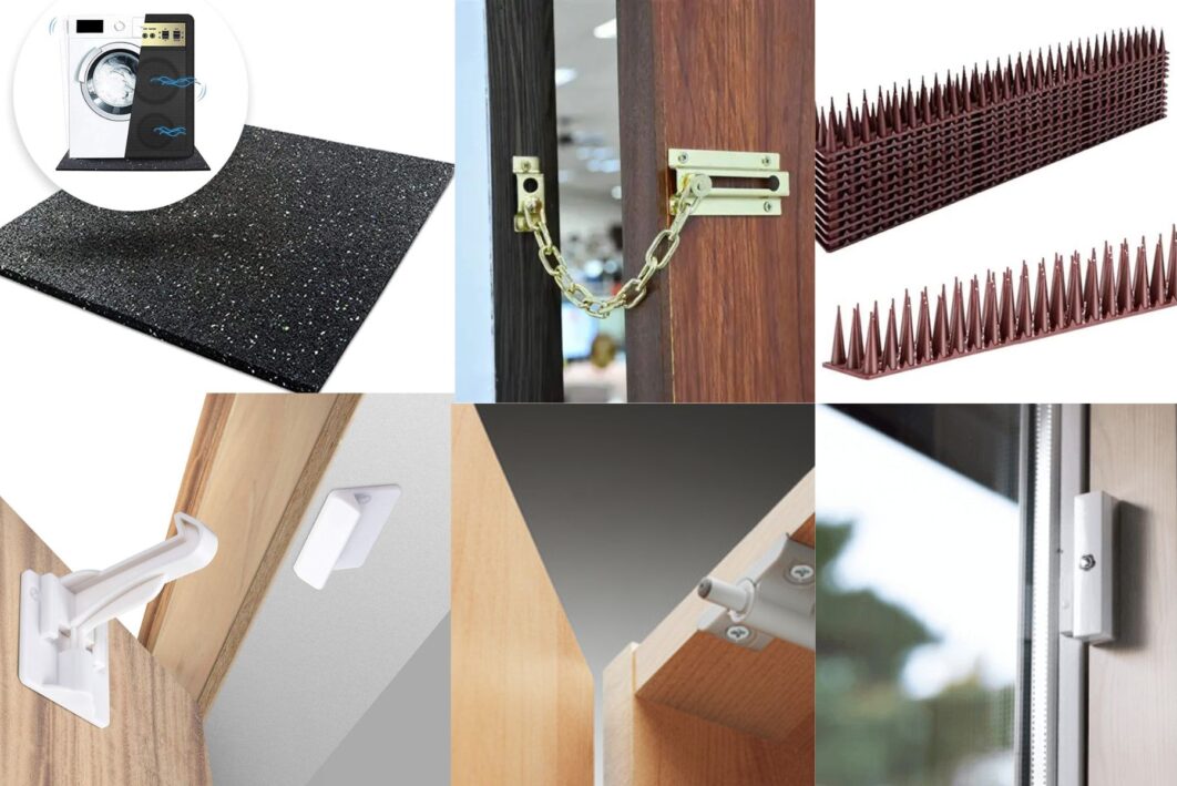 Antisocial behaviour preventatives such as door chains, washing machine mats and fence spikes.