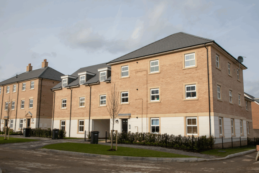 Block of modern low-rise flats. Surrounding the flats are landscaped lawns and newly young saplings.