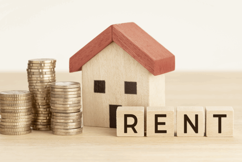 Illustration of a house with the text rent across it