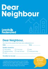 A dear neighbour card with empty text boxes for someone to write to someone about how their antisocial behaviour affected them.