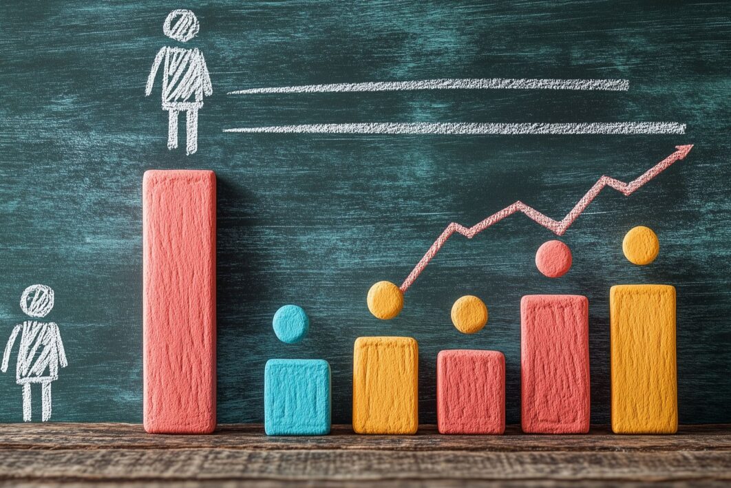 An illustration of people lined up in a row going up in height with an arrow above outlining demonstrating a graph