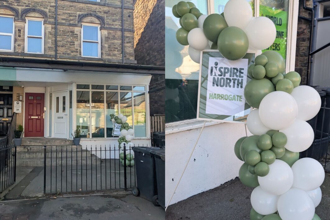 Two photos in one. One photo on the left is of the Inspire North building with balloons outside. The photo on the right is green and white balloons in an arch with an Inspire North poster.