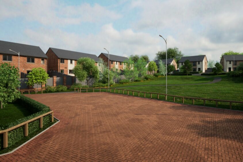 CGI image of parking space with green space around it