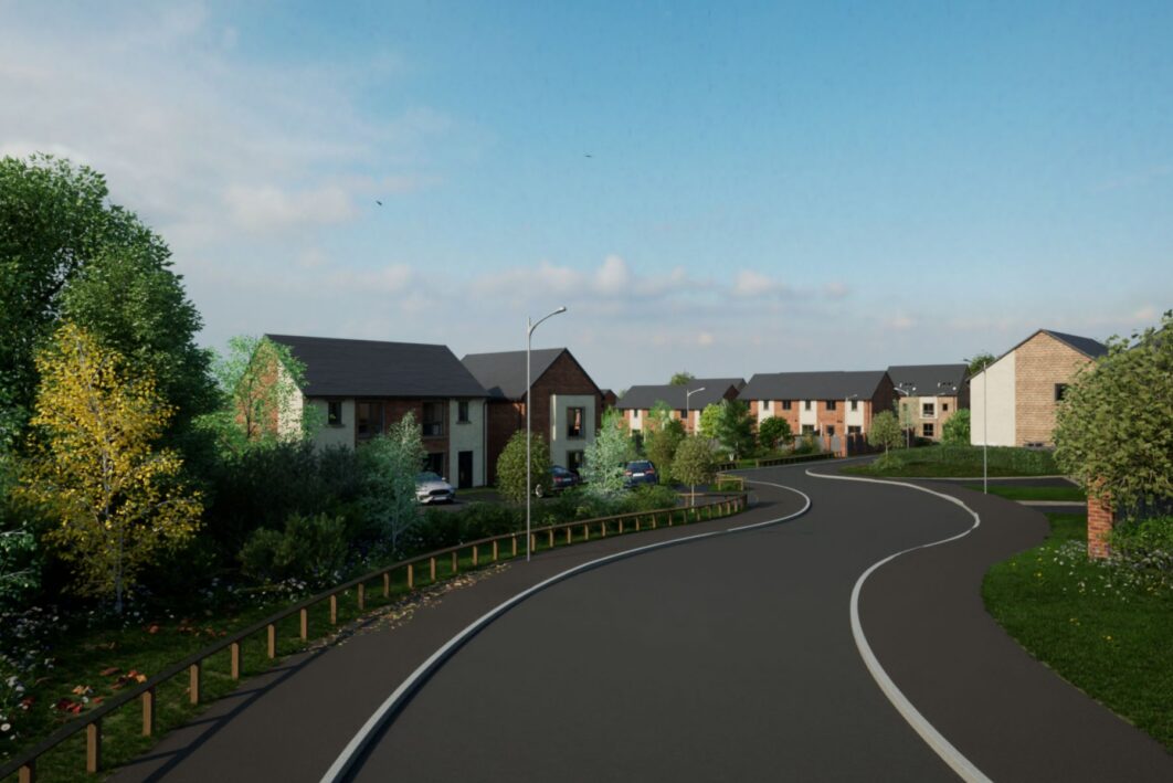 CGI image of a street scene with trees and a road