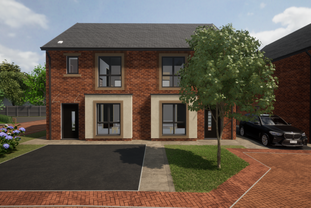 CGI images of new semi-detached home. One home has a lawn and tree in front, the other has a car parking space