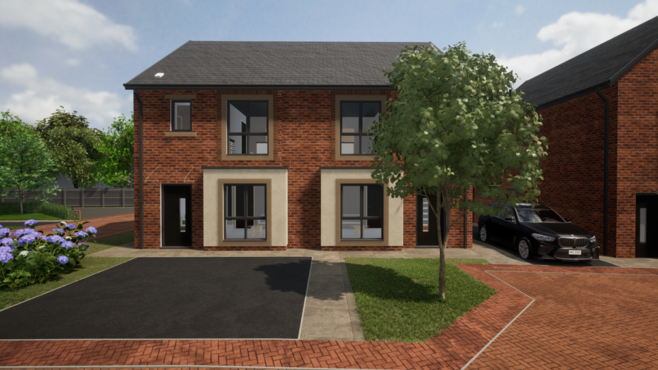 CGI images of new semi-detached home. One home has a lawn and tree in front, the other has a car parking space