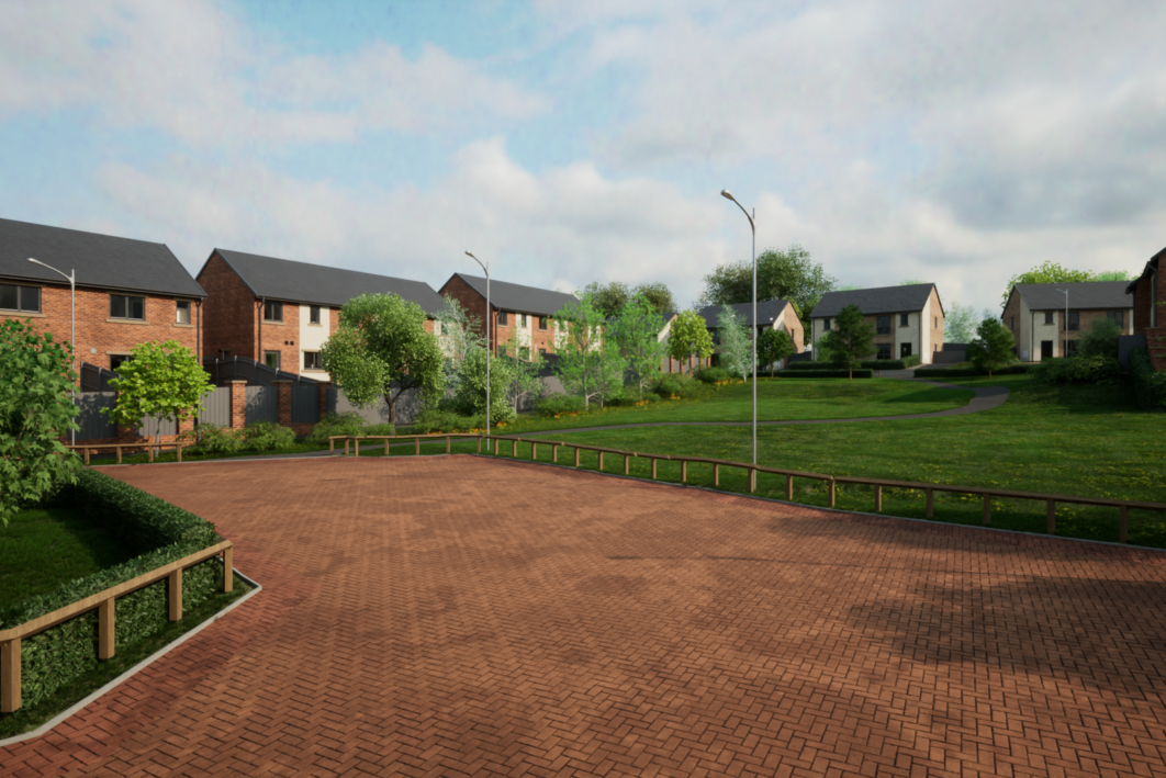 CGI images of new homes. A residential road leads to a row of semi-detached homes, a large green space and trees