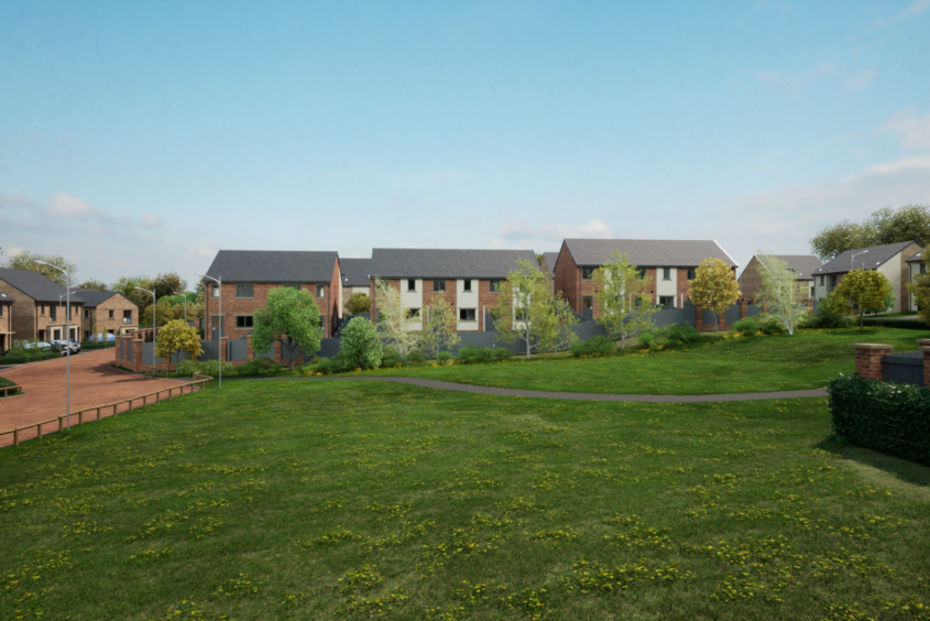 CGI images of new homes. The image shows a large green space and trees in front of the homes