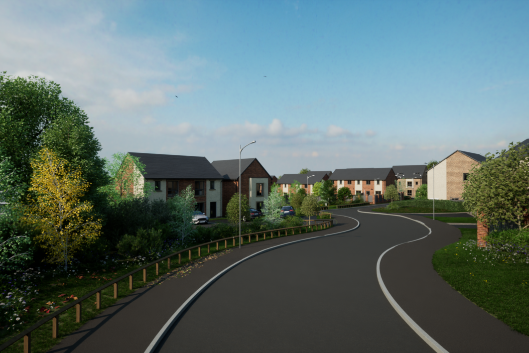CGI images of new homes. A residential road leads up to a news development of semi-detached homes