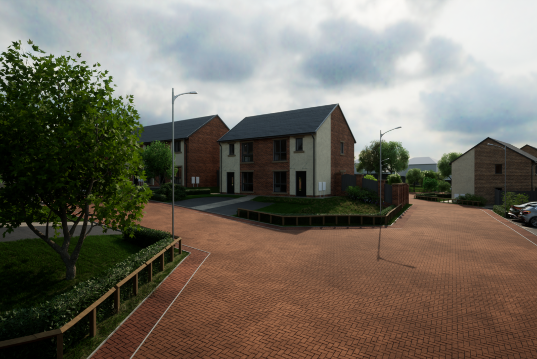 CGI images of new homes. A residential road leads to a row of semi-detached homes surrounded by lawn.