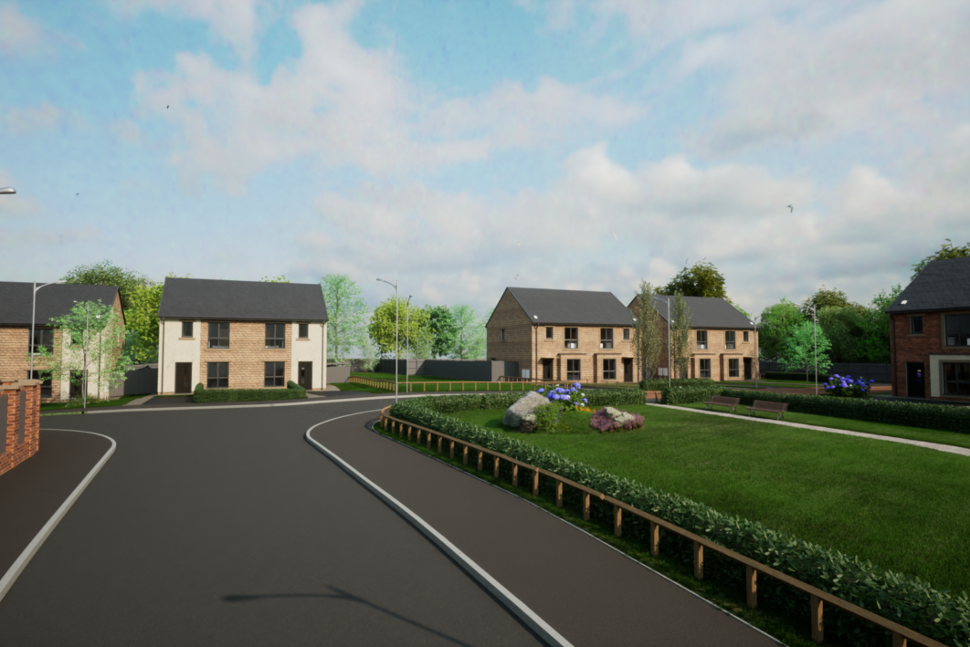 CGI images of new homes. A residential road leads to a row of semi-detached homes. There is a large green space along one side of the road.