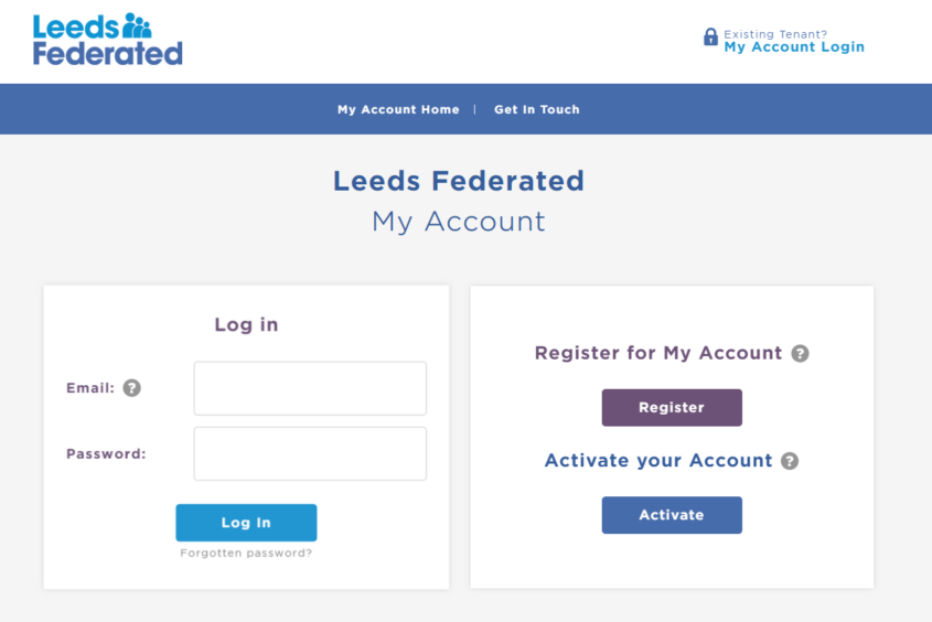 Screenshot of the My Account log in screen