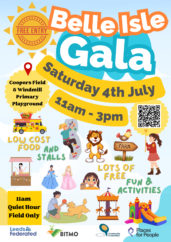 illustrations displaying what will be at the gala including a bouncy castle, children playing, ice cream and food stalls